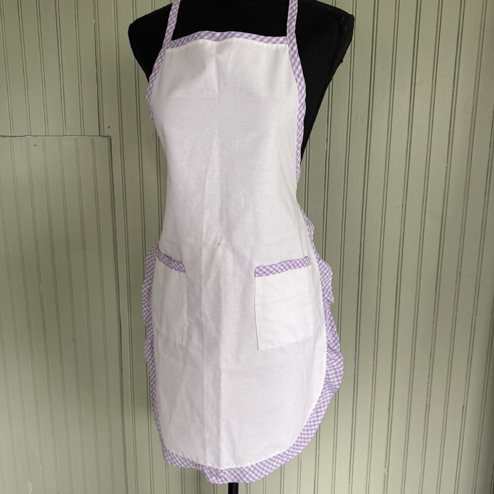Vtg Hostess Full Apron Purple White MCM 50s Pocket Retro Tie Trad Cottage Ruffle